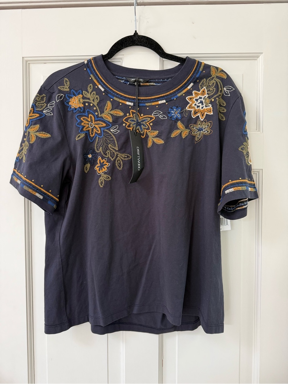 Driftwood Embroidered Navy Floral Short-Sleeve Top